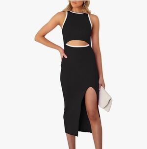 Black Sleeveless Cut Out Knit Dress with White Trim